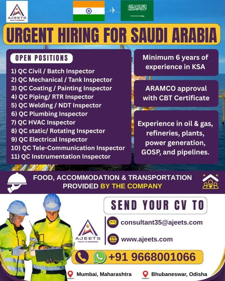 Urgent Hiring for Oil & Gas QC Inspectors - Saudi Arabia