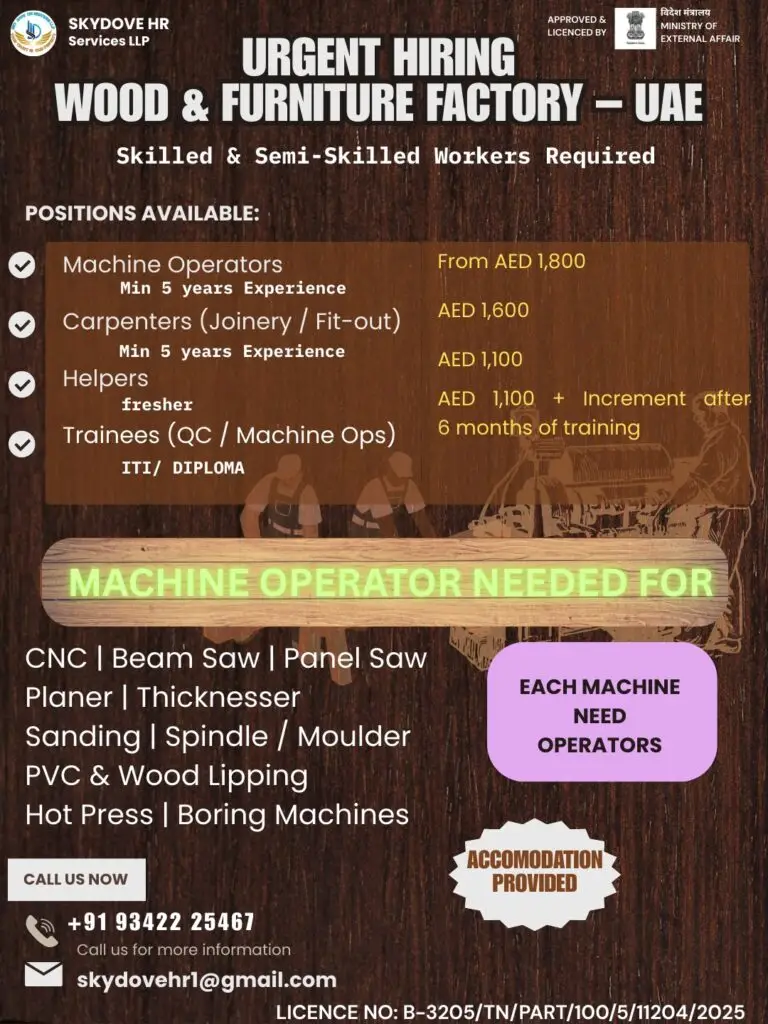 URGENT HIRING FOR WOOD & FURNITURE FACTORY IN UAE
