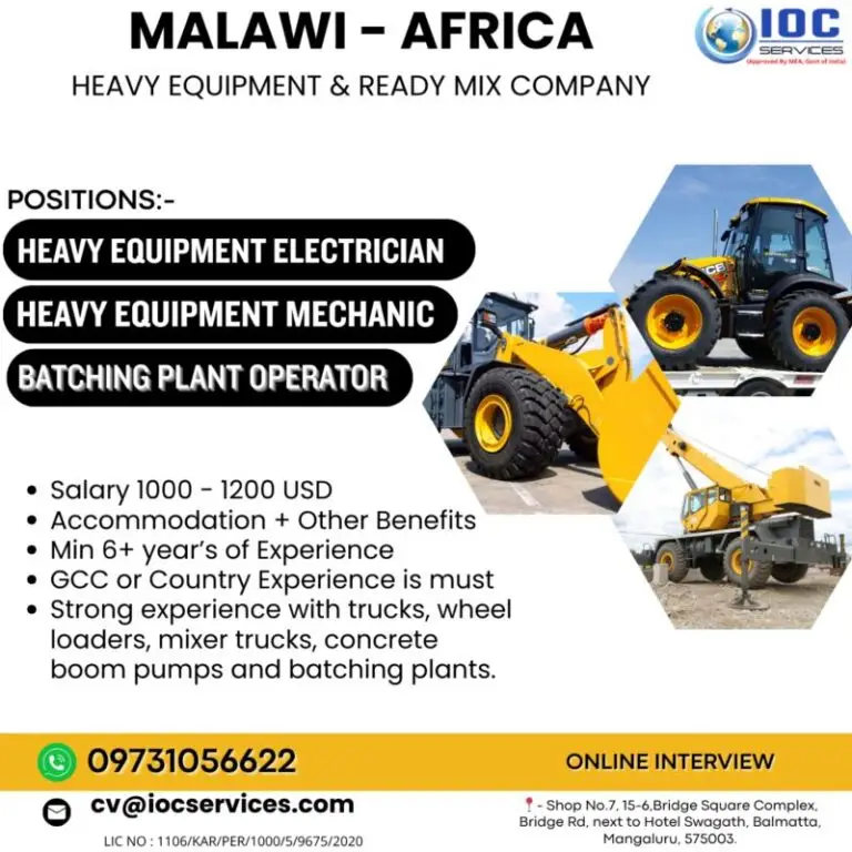Urgent Hiring: Heavy Equipment & Ready Mix Company – Malawi, Africa