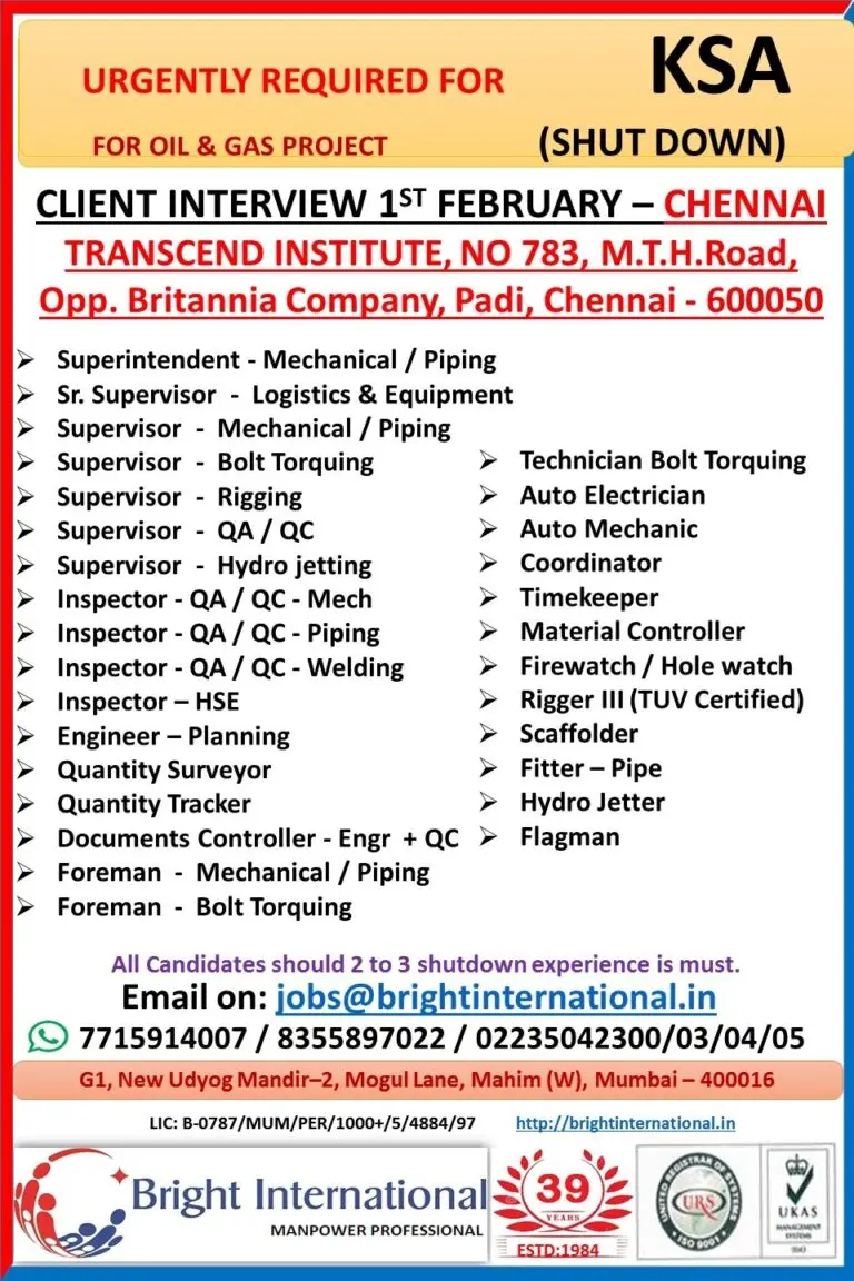 URGENT HIRING: LARGE VACANCIES FOR OIL & GAS PROJECT - SAUDI ARABIA