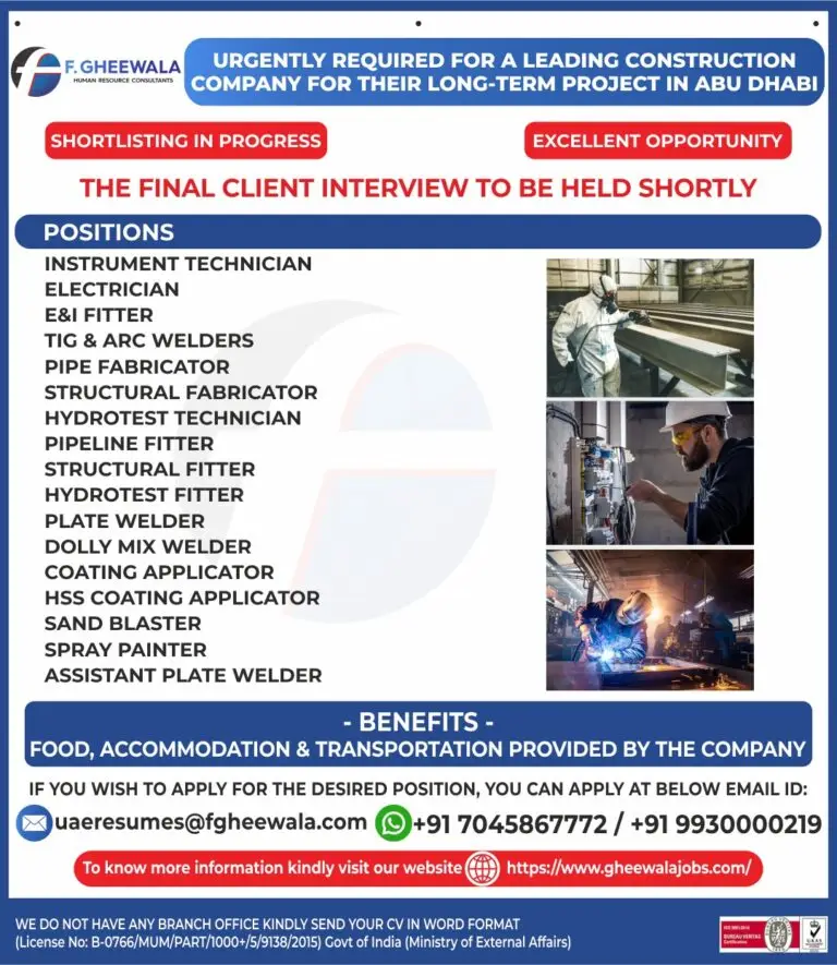 URGENT HIRING: LEADING EPC COMPANY – OIL & GAS / CONSTRUCTION PROJECT - ABU DHABI