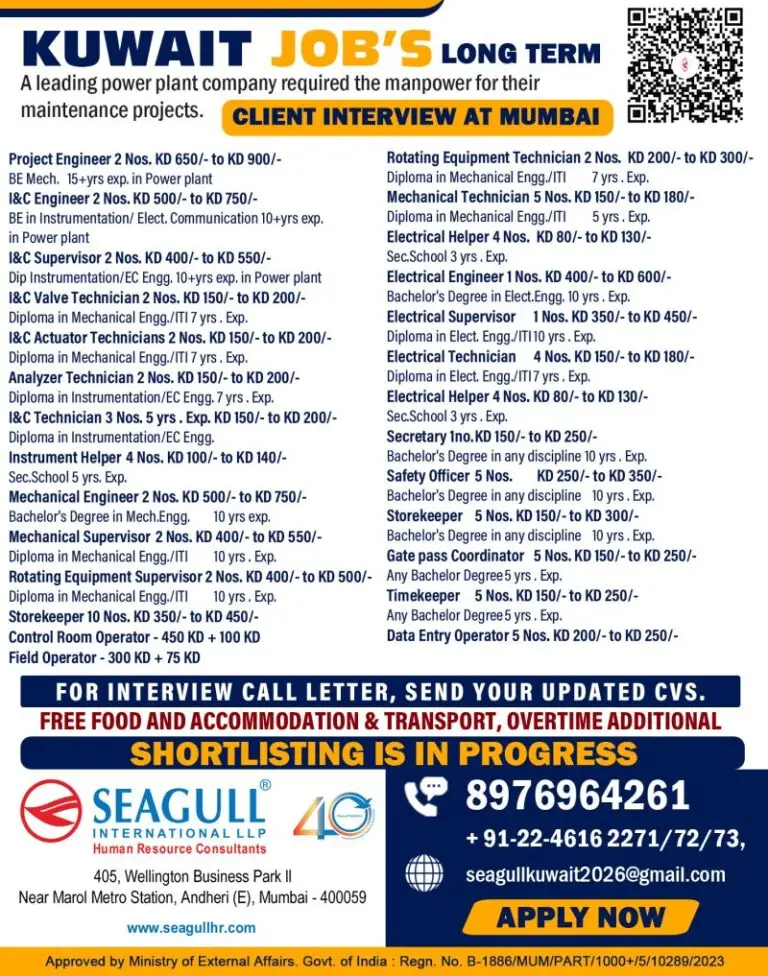 URGENT HIRING: POWER PLANT MAINTENANCE PROJECT - KUWAIT (LONG-TERM)