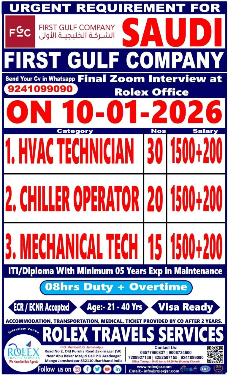 URGENT JOBS VACANCIES IN SAUDI ARABIA – FIRST GULF COMPANY  (Large Openings)