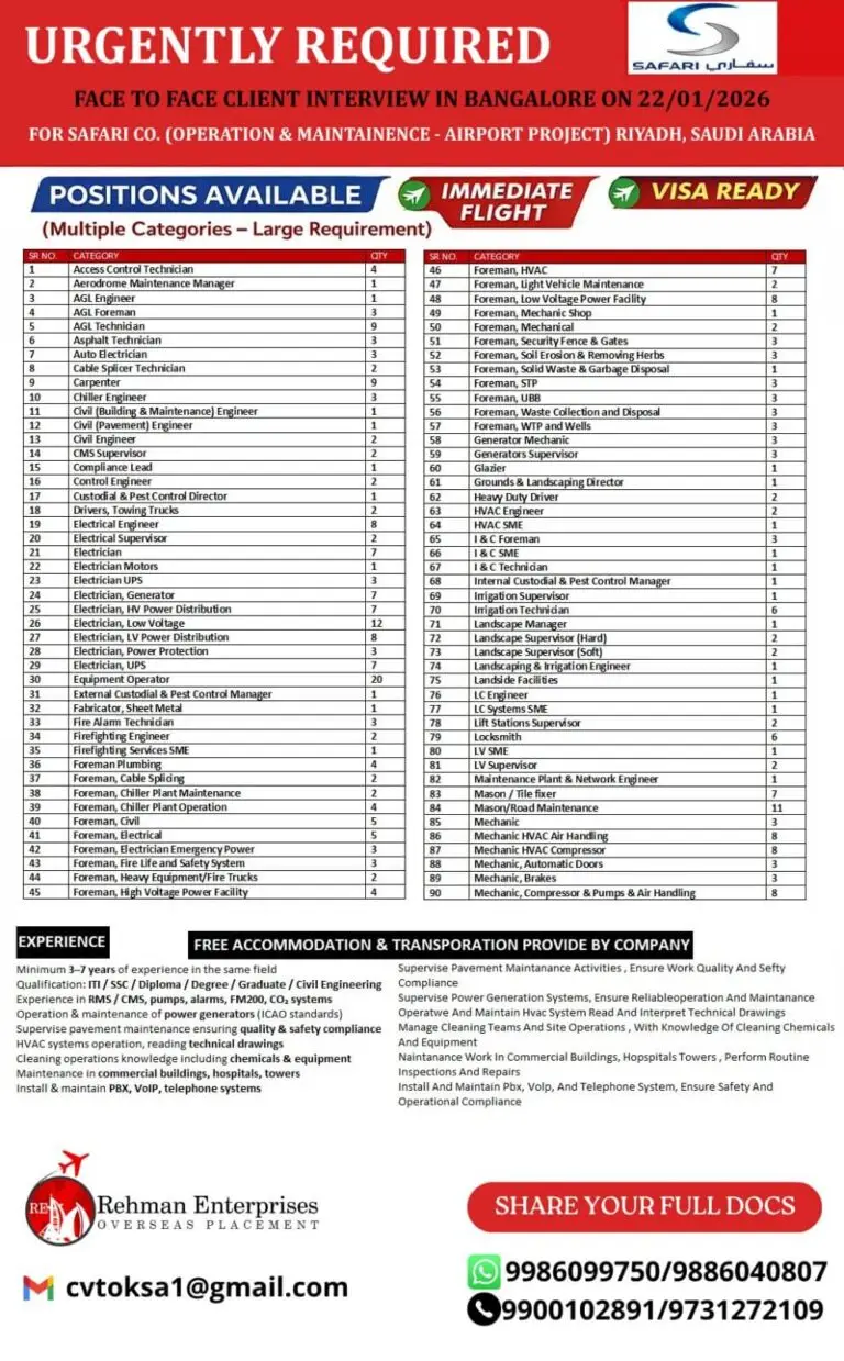 URGENT LARGE RECRUITMENT FOR SAFARI CO. AIRPORT PROJECT - RIYADH, SAUDI ARABIA