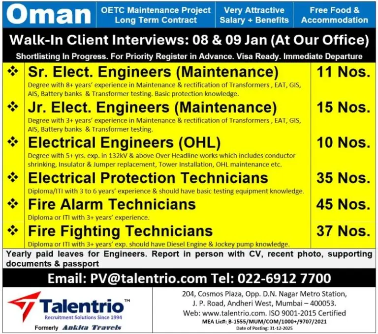 Urgent OETC Maintenance Jobs in Oman 2026 Long-Term Contract