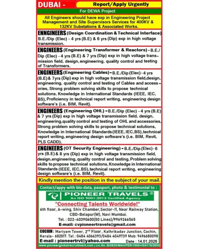 URGENT REQUIREMENT: DEWA PROJECT – DUBAI