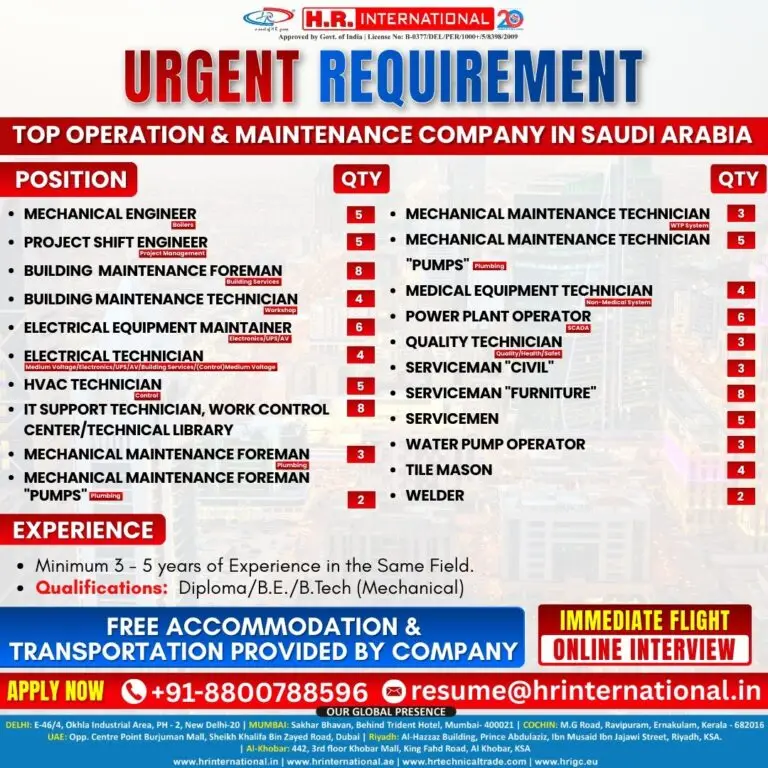URGENT REQUIREMENT: TOP OPERATION & MAINTENANCE COMPANY IN SAUDI ARABIA