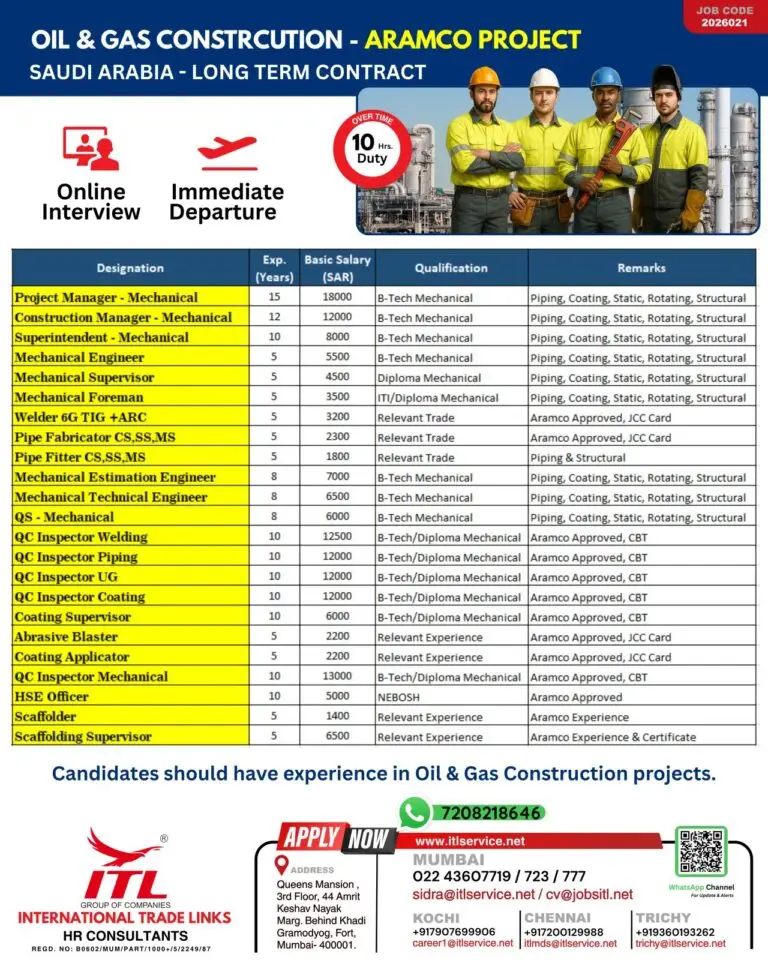 URGENT SAUDI ARAMCO PROJECT JOBS – OIL & GAS CONSTRUCTION | LONG-TERM CONTRACT