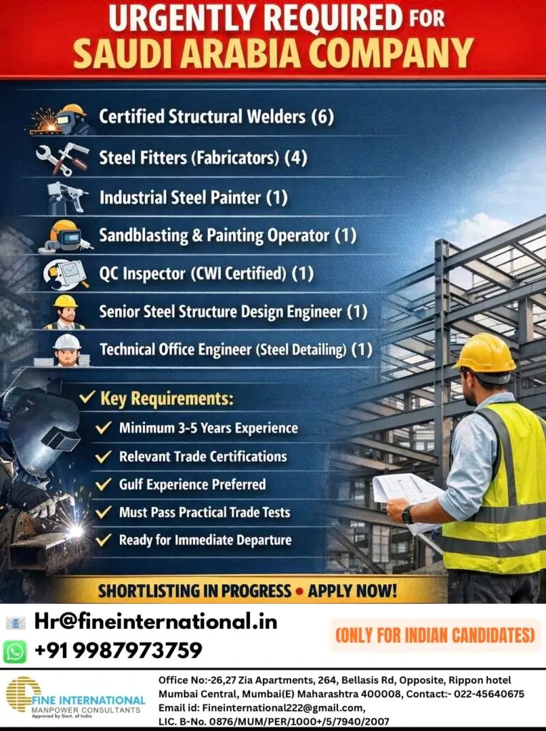 URGENT VACANCIES: STEEL STRUCTURE PROFESSIONALS - SAUDI ARABIA