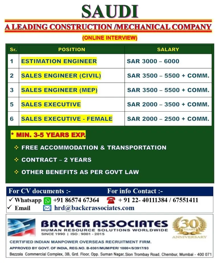 URGENTLY REQUIRED FOR A REPUTED CONSTRUCTION & MECHANICAL COMPANY IN SAUDI ARABIA