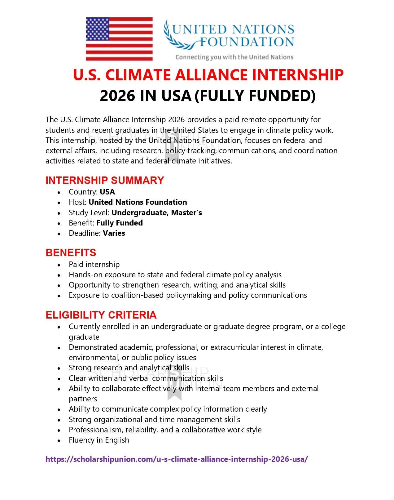 U.S. Climate Alliance Internship 2026 in USA