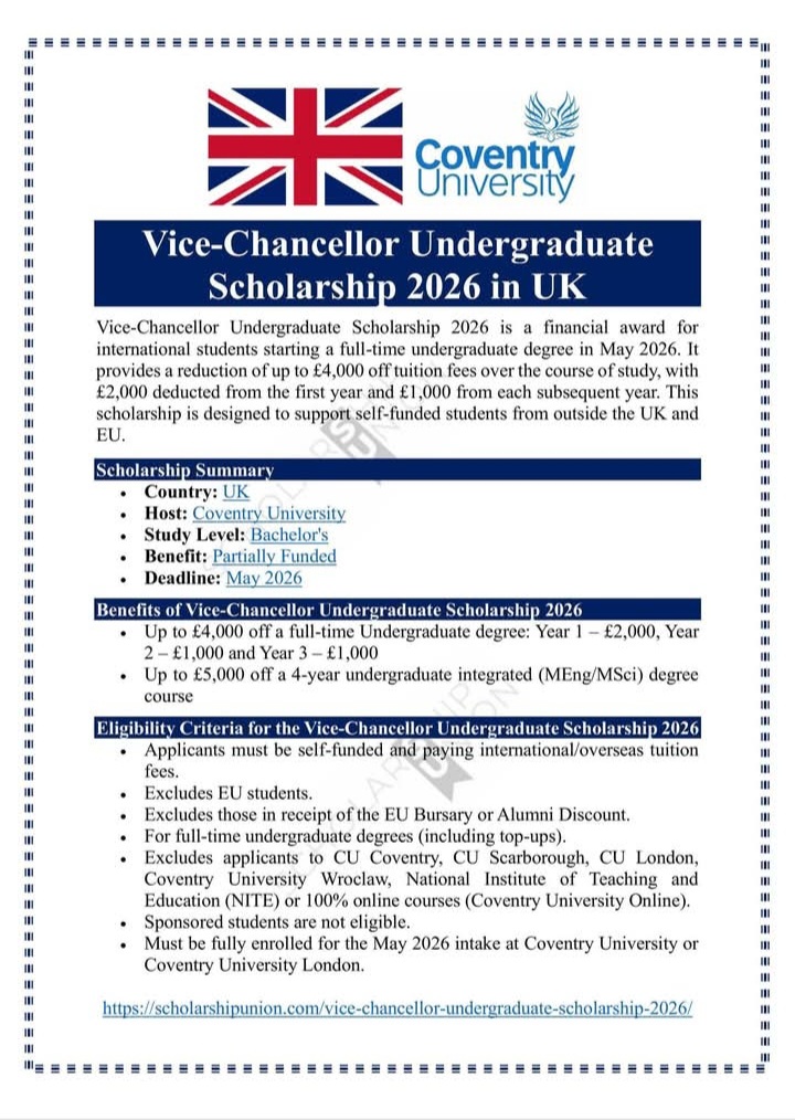 Vice-Chancellor Undergraduate Scholarship 2026 in UK