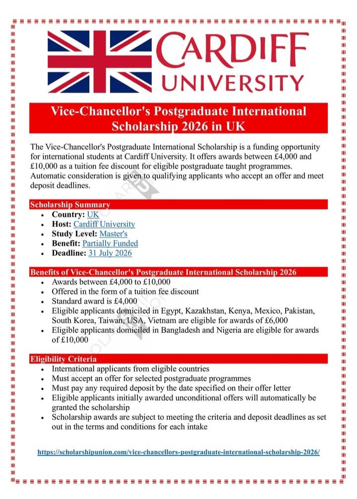 Vice-Chancellor’s Postgraduate International Scholarship 2026 in UK