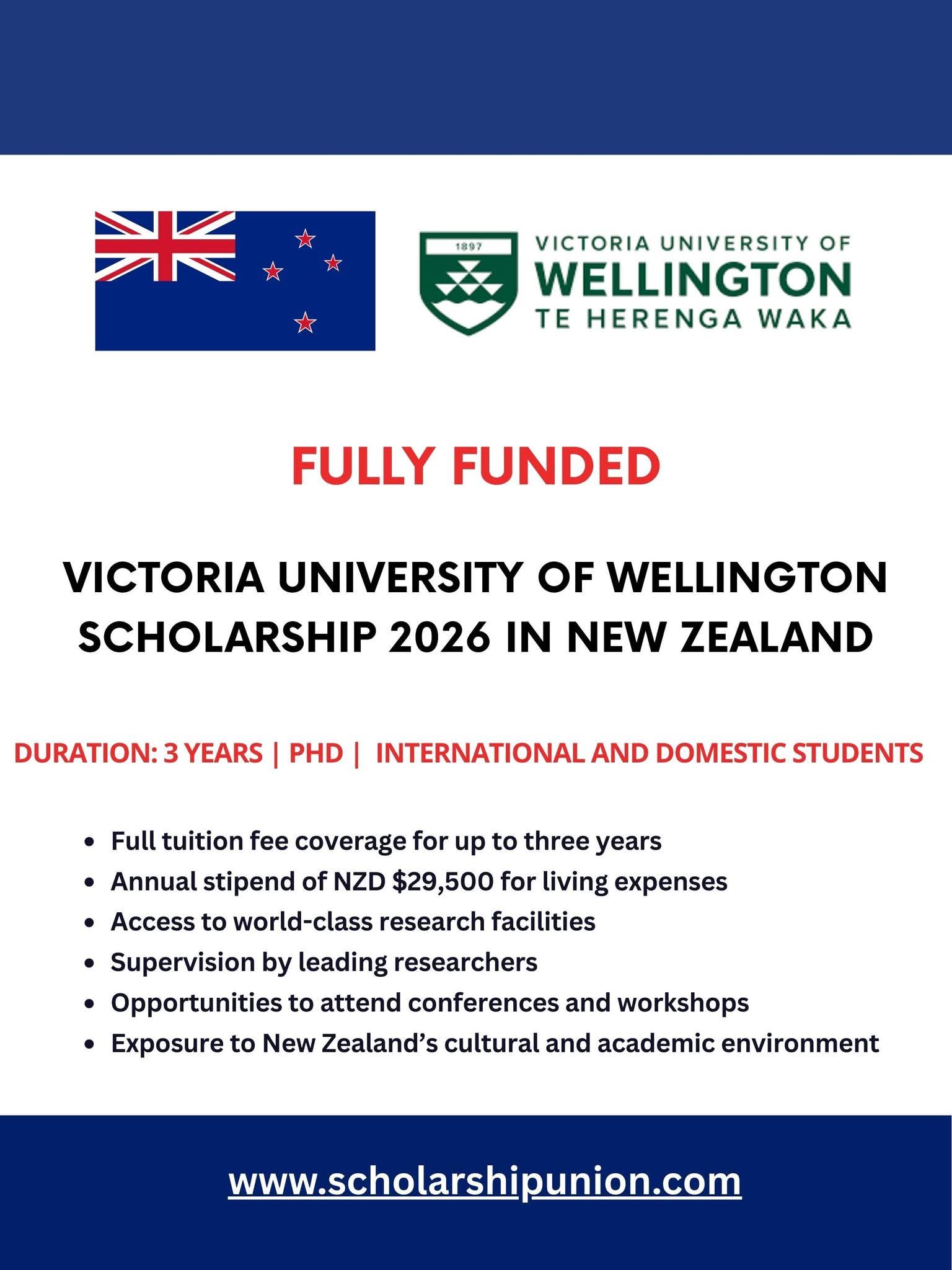 Victoria University of Wellington Doctoral Scholarship 2026 in New Zealand