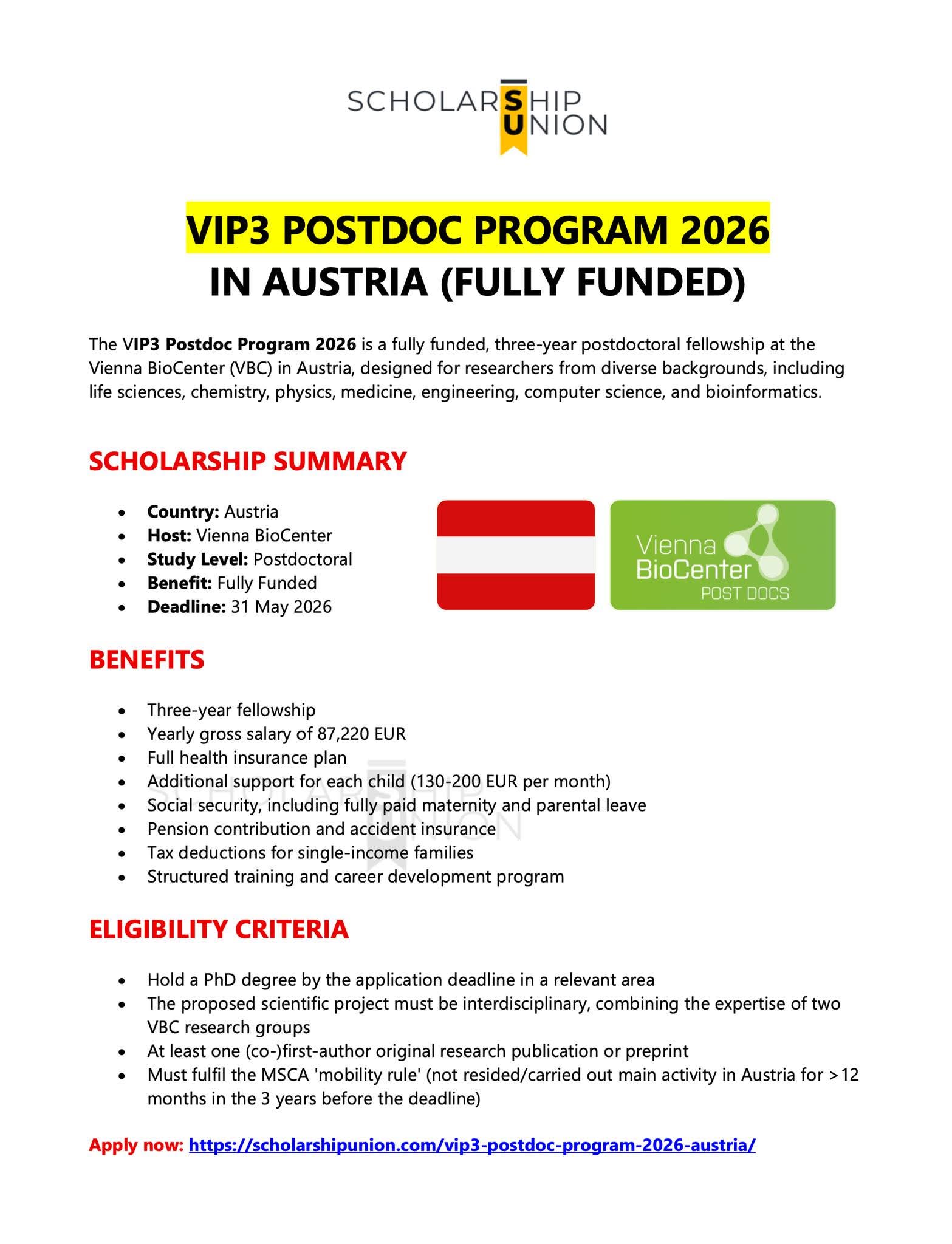VIP3 Postdoc Program 2026 in Austria