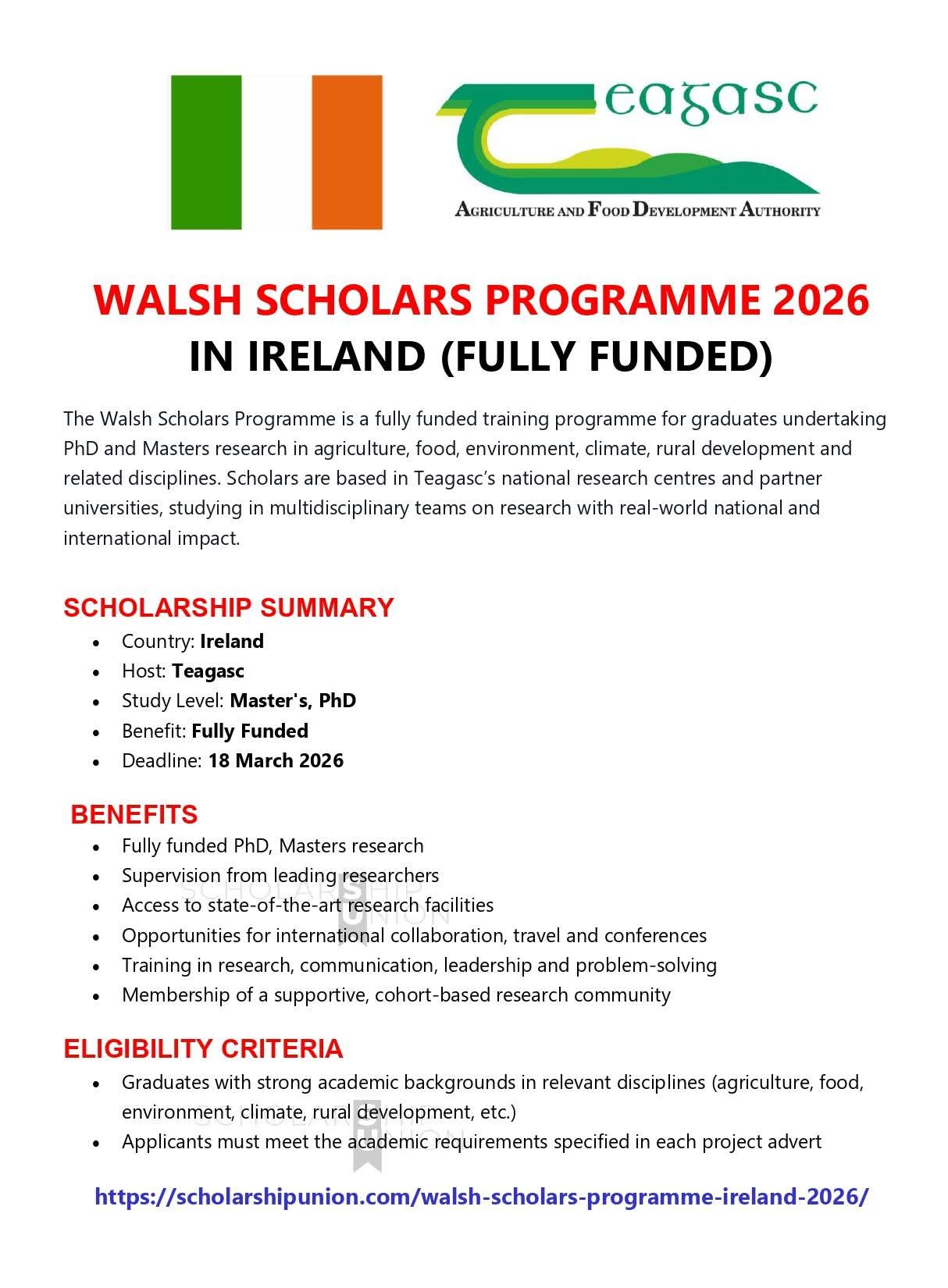 Walsh Scholars Programme 2026 in Ireland