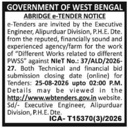 Water Supply Schemes Construction Tender by PHED