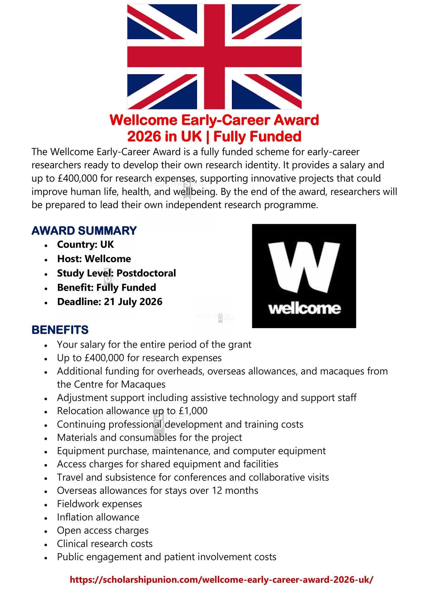 Wellcome Early-Career Award 2026 in UK
