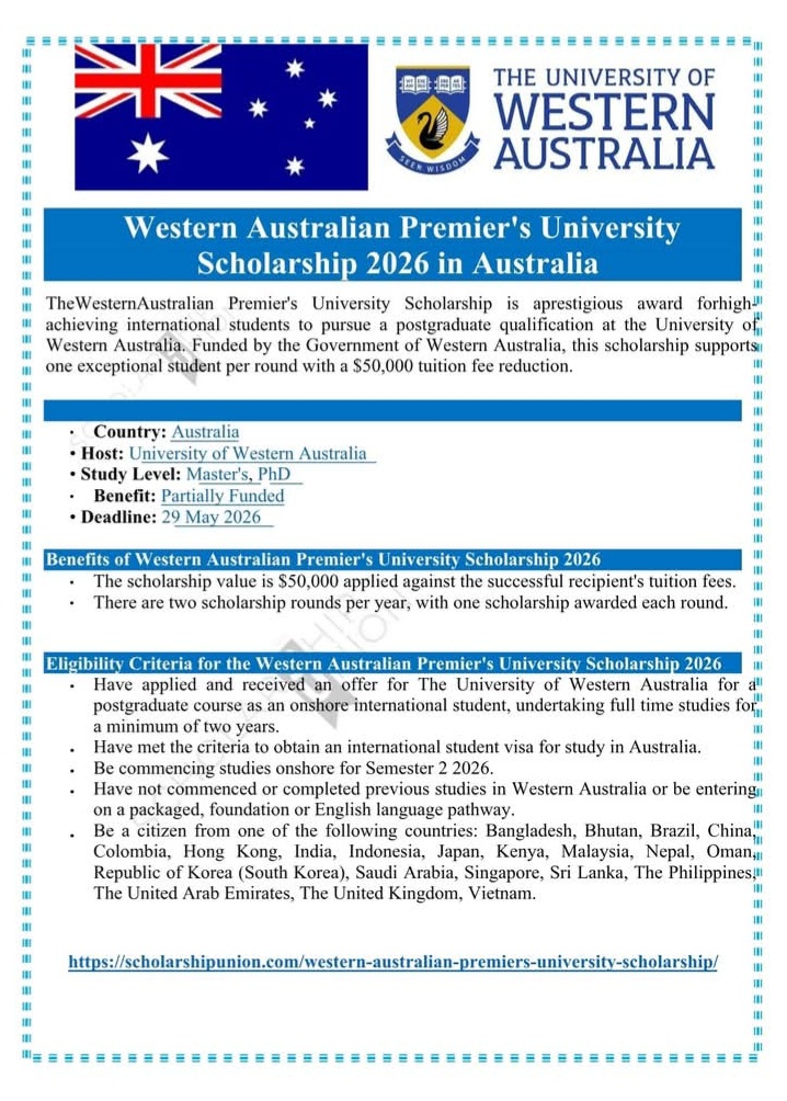 Western Australian Premier’s University Scholarship 2026 in Australia