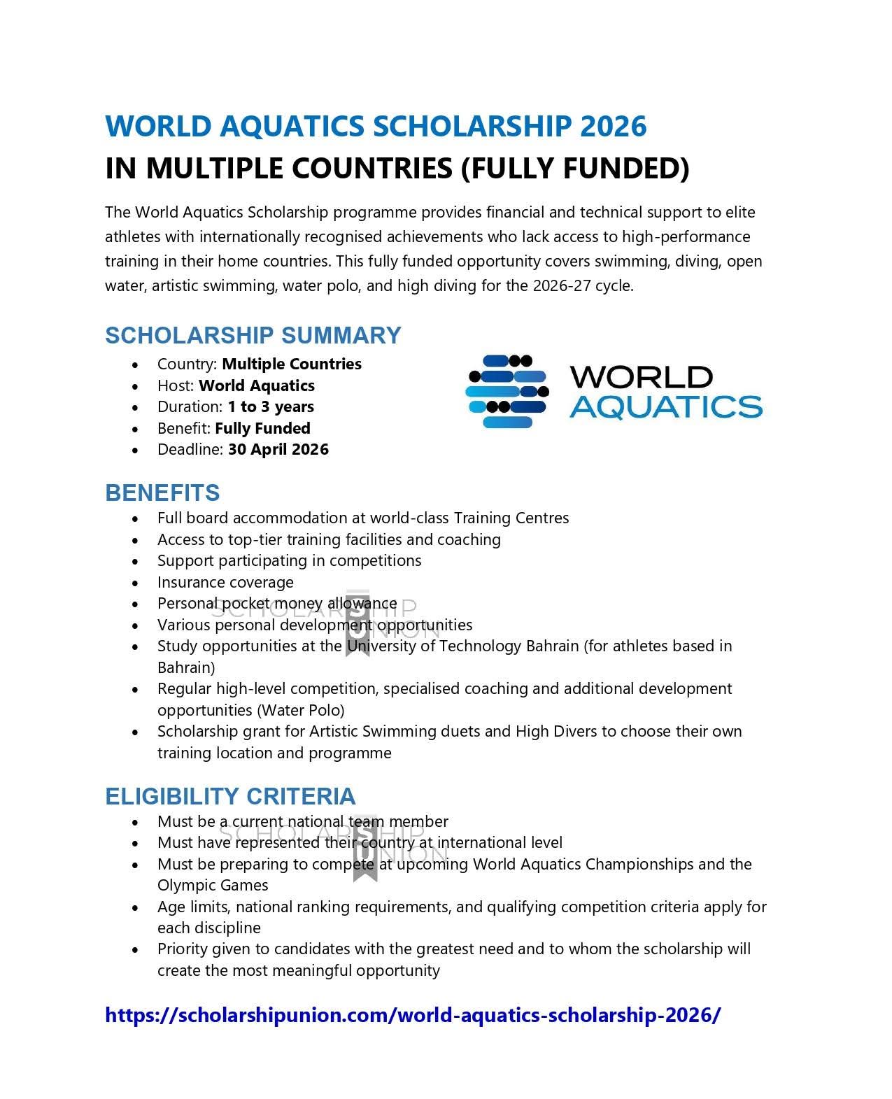 World Aquatics Scholarship 2026 in Multiple Countries