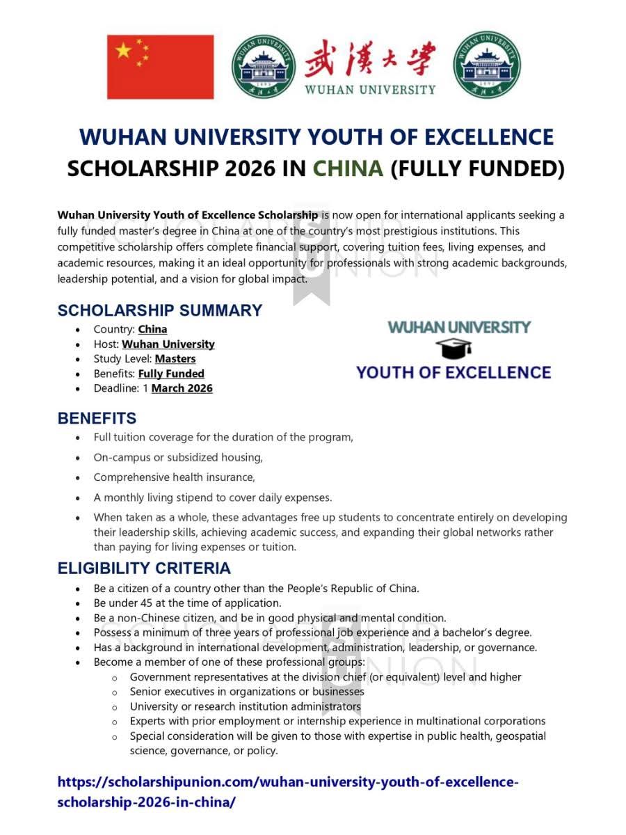 WUHAN UNIVERSITY YOUTH OF EXCELLENCE SCHOLARSHIP 2026 IN CHINA