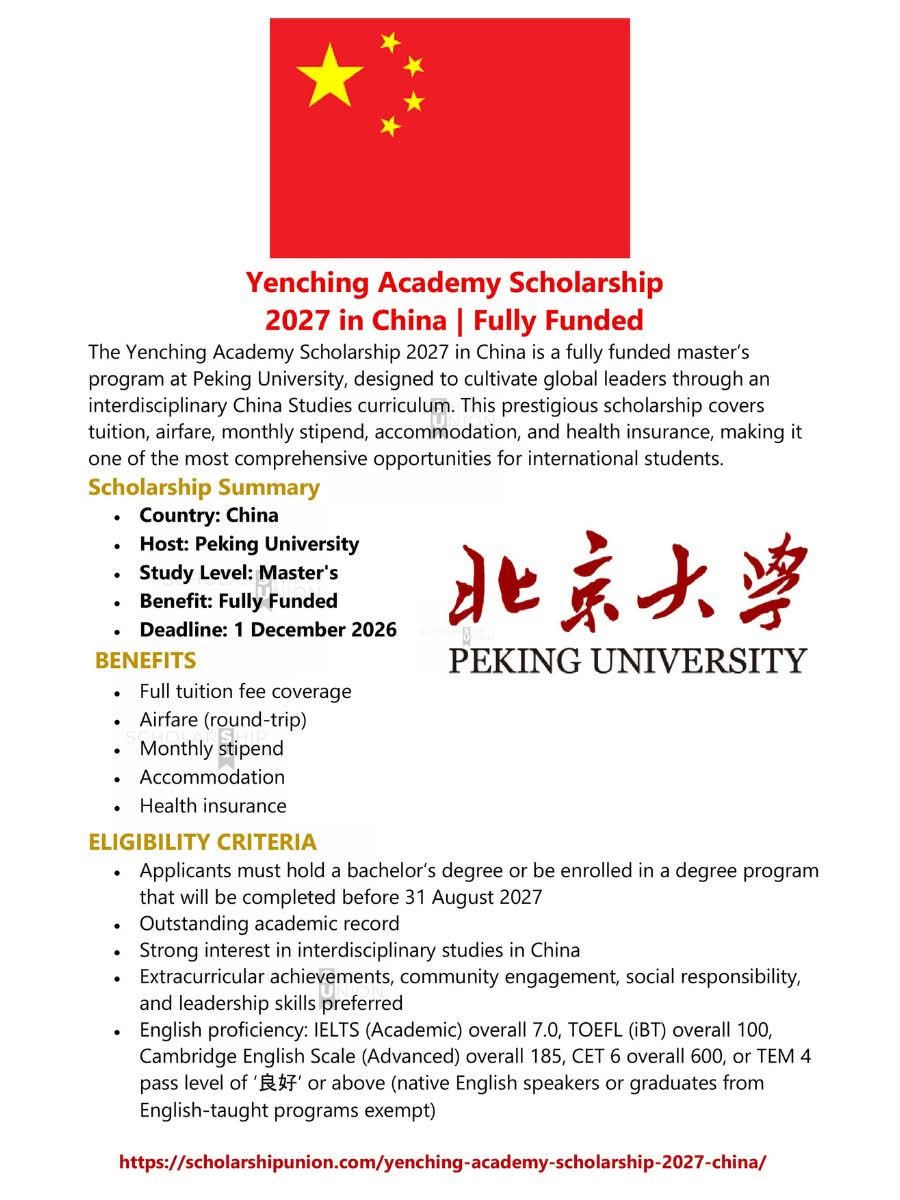 Yenching Academy Scholarship 2027 in China