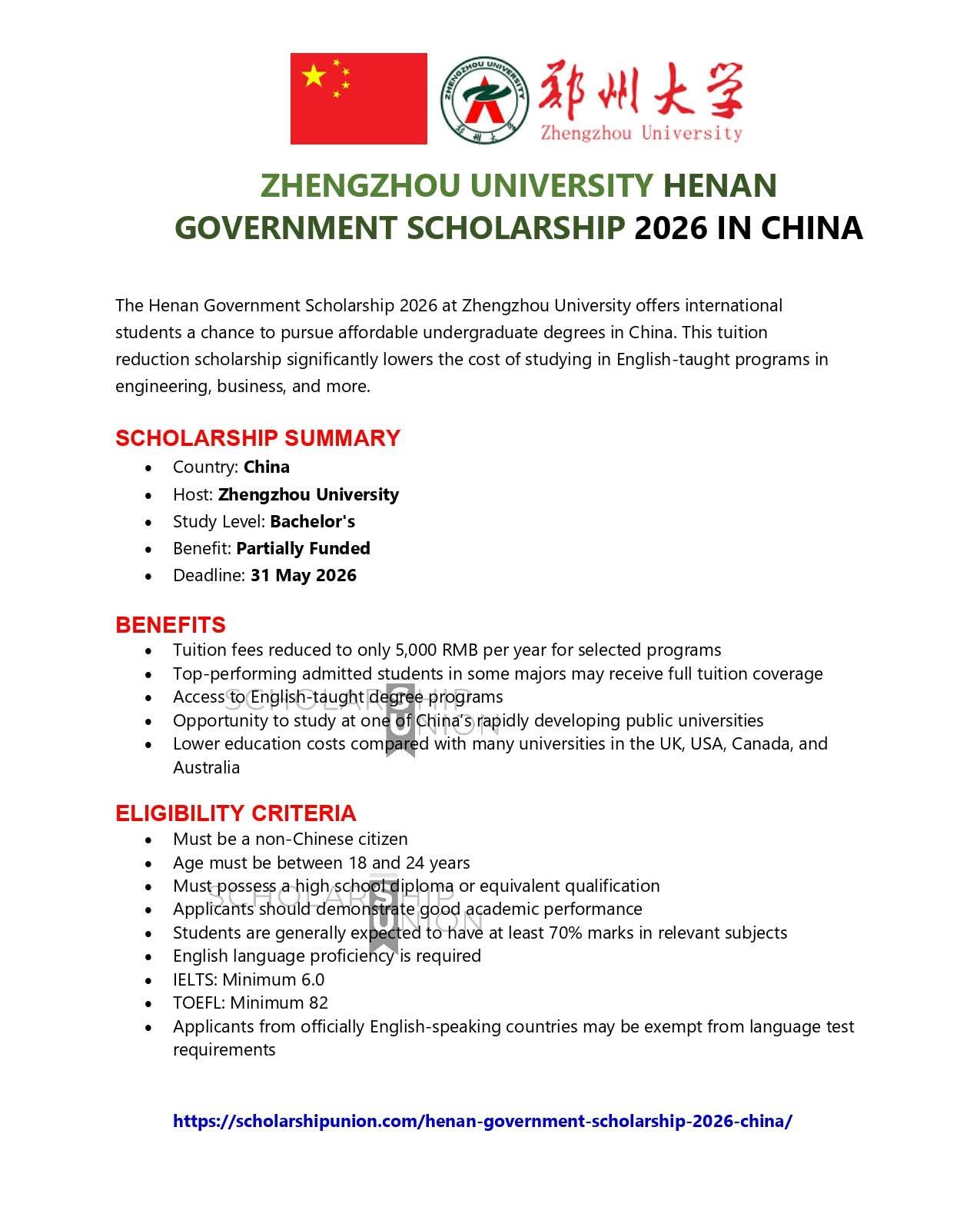 Zhengzhou University Henan Government Scholarship 2026 in China