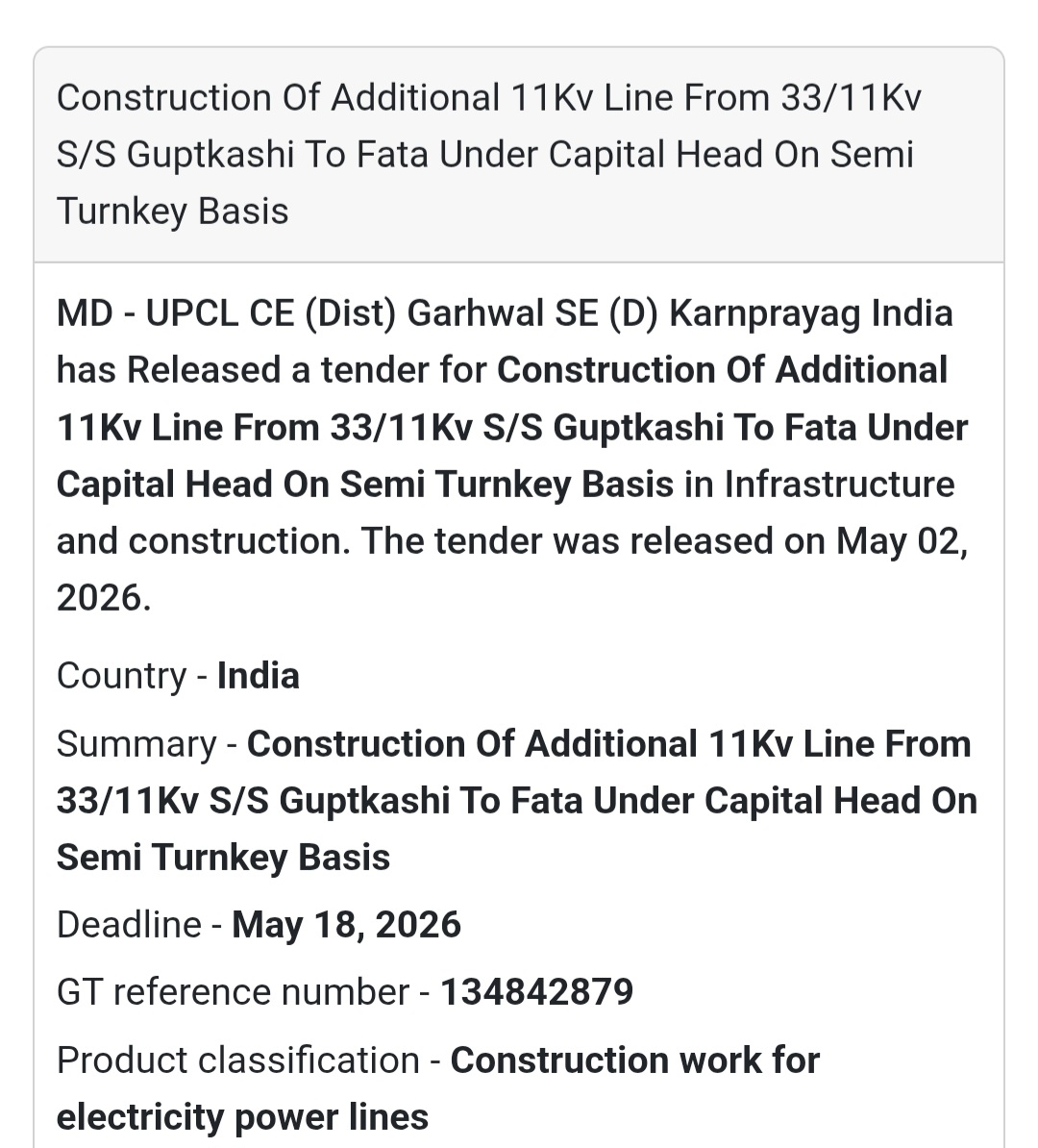 ⚡ 11kV Line Construction (Guptkashi – Fata)