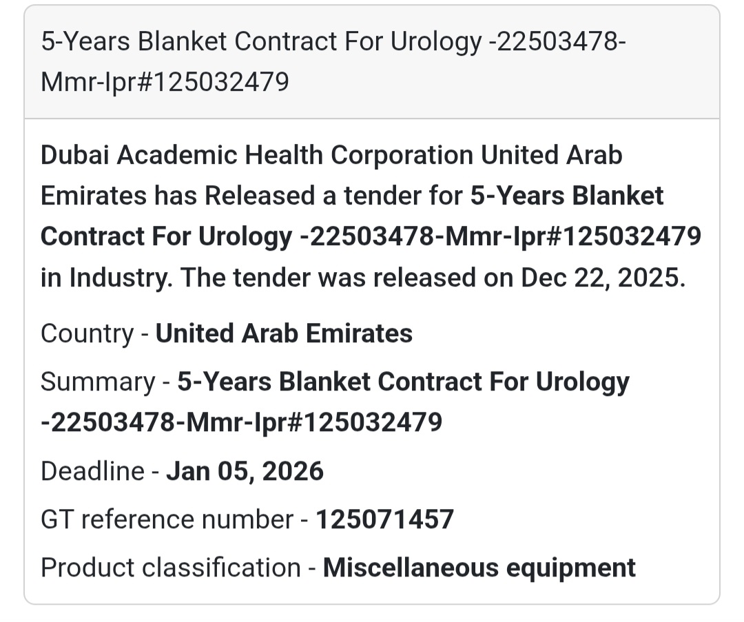 5-Year Blanket Contract – Urology Dubai Academic Health Corporation