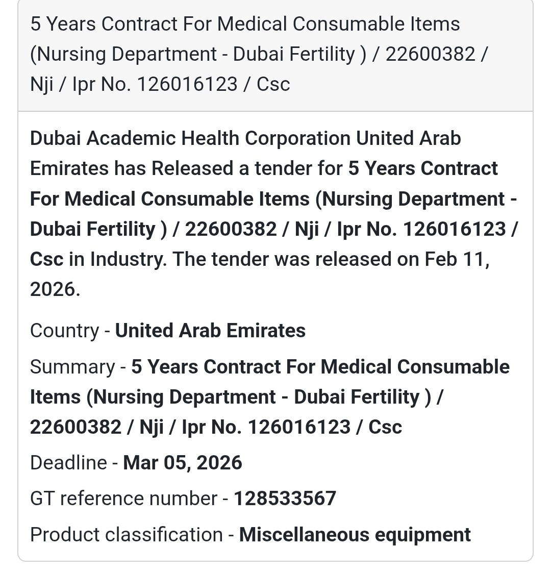 🏥 5 Years Contract – Medical Consumables (Dubai Fertility – Nursing Dept.)