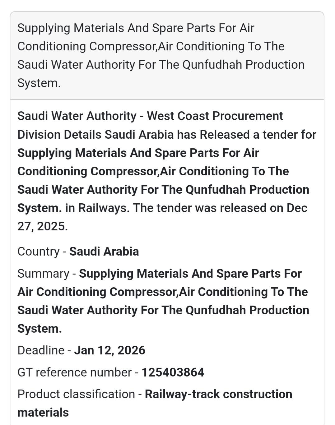 🌀 AC Compressor & Spare Parts Tender | Qunfudhah 🇸🇦