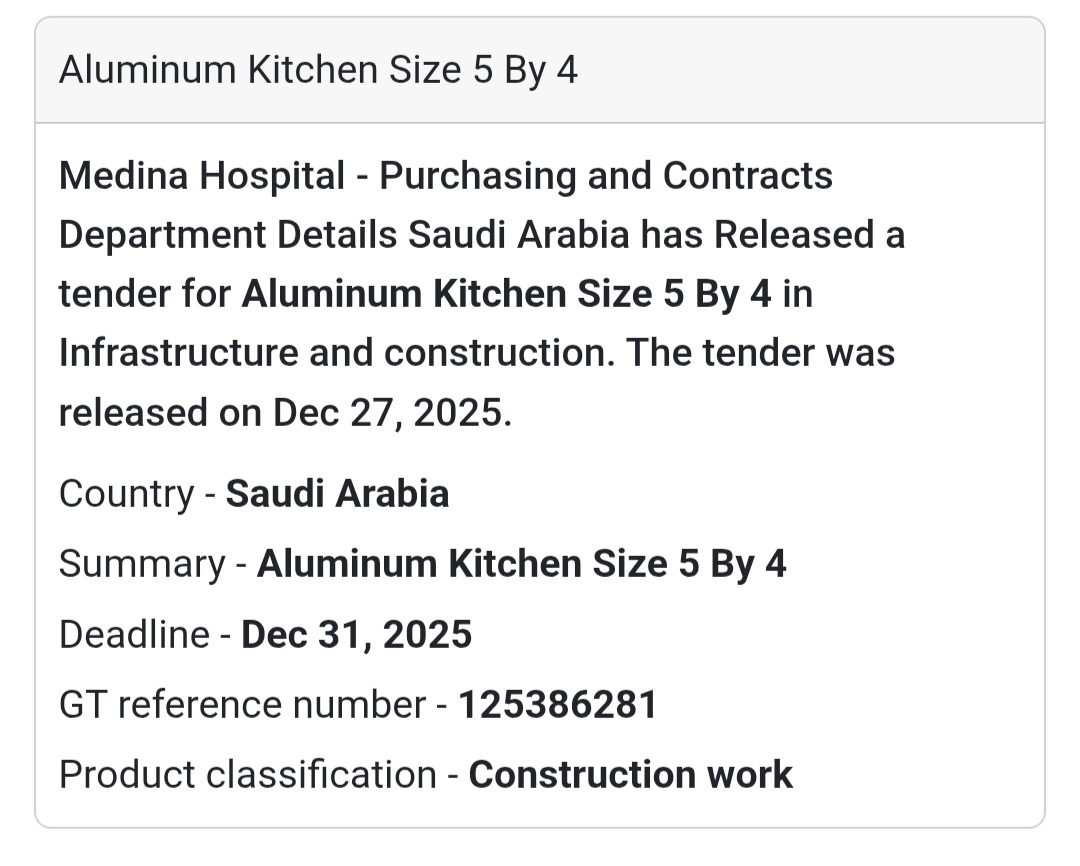 🍽️ Aluminum Kitchen Installation Tender | Saudi Arabia 🇸🇦