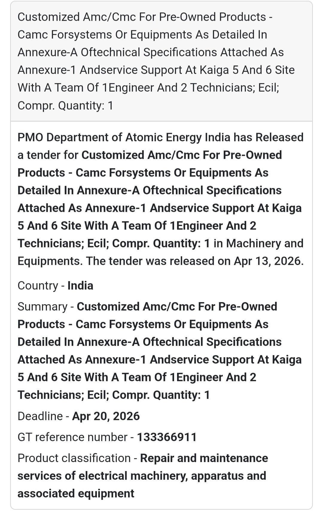 ⚙️ AMC for Technical Systems (Atomic Energy Dept.)