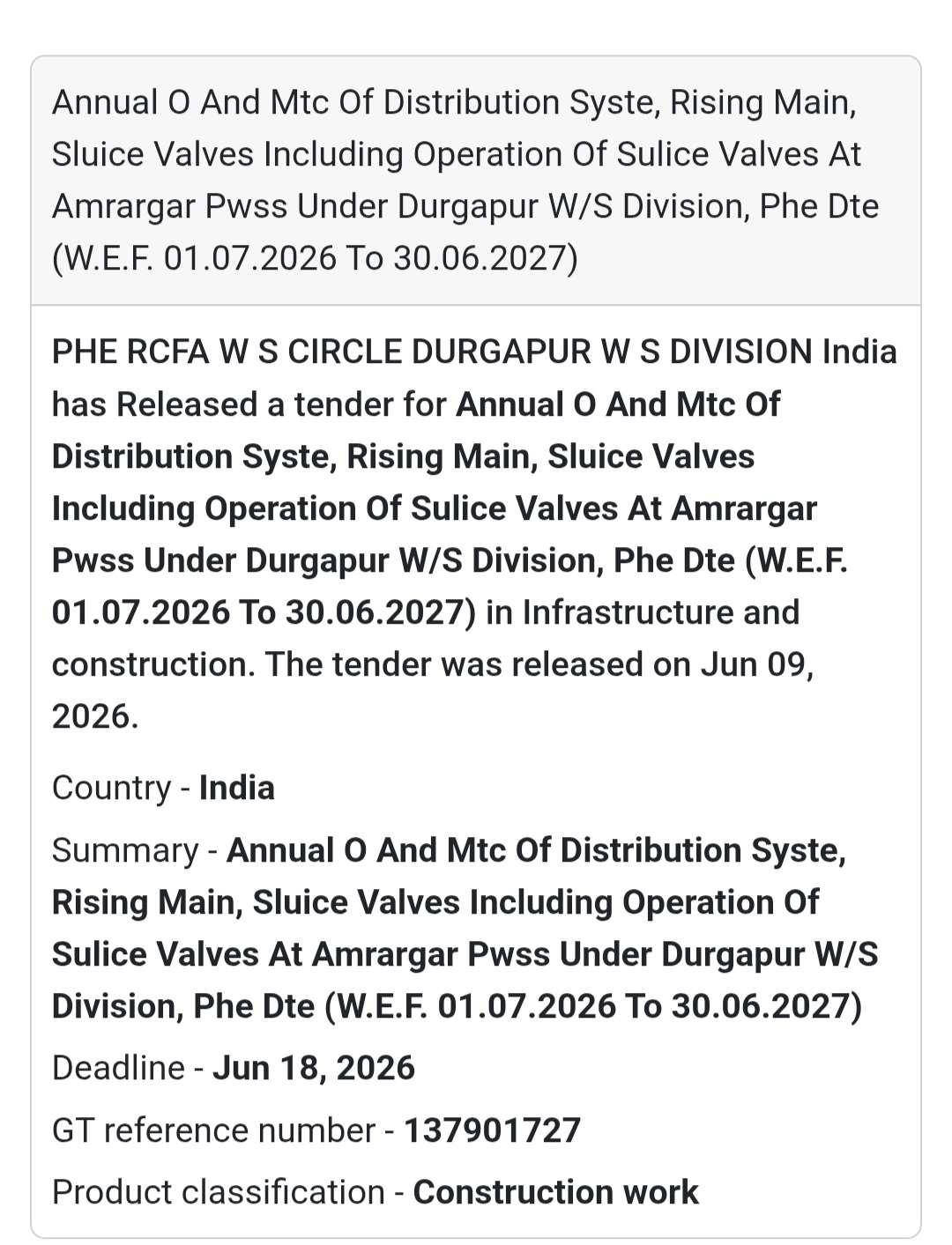 💧 Annual O&M of Distribution System, Rising Main & Sluice Valves at Amargarh PWSS | 📍 Durgapur, West Bengal