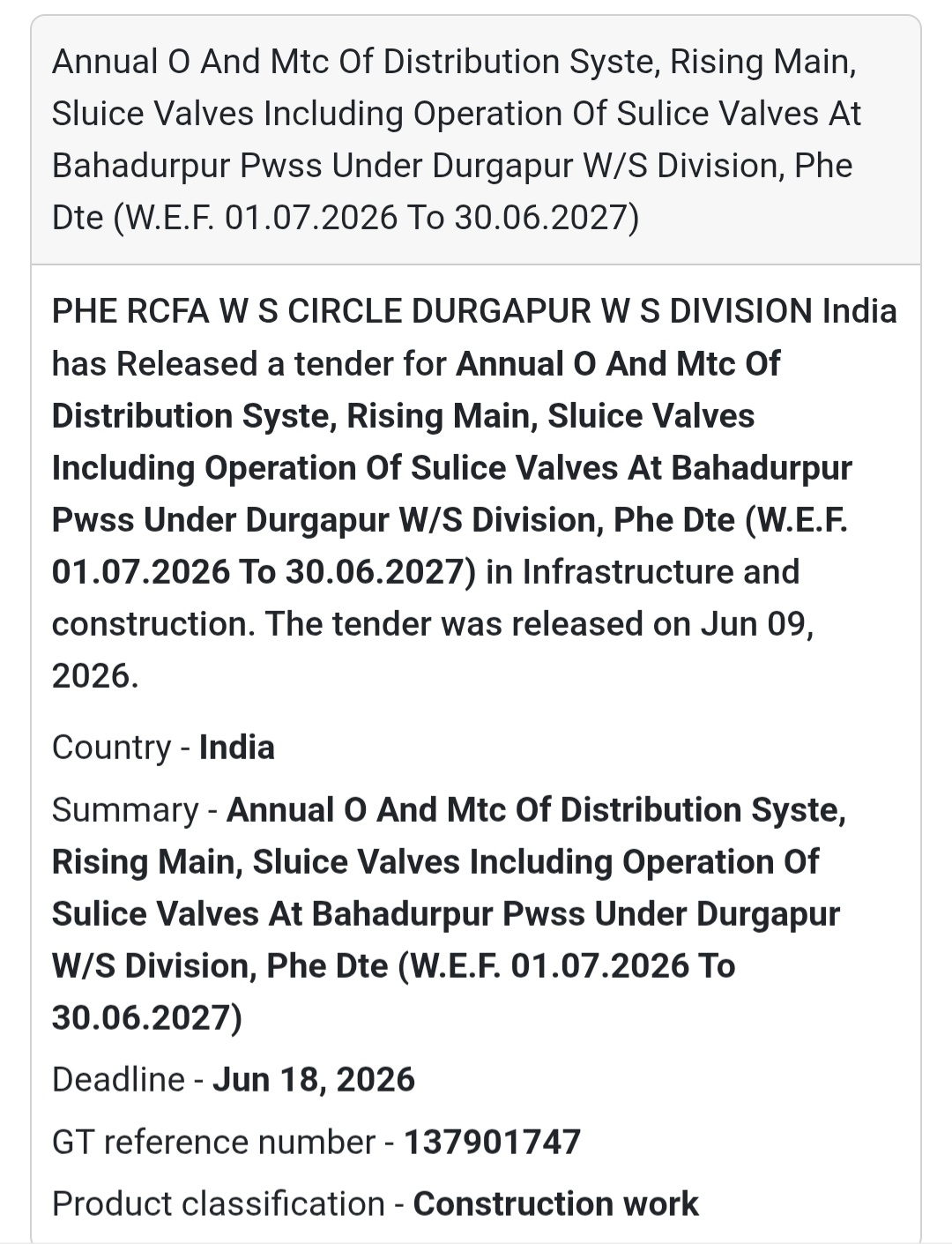 💧 Annual O&M of Distribution System, Rising Main & Sluice Valves at Bahadurpur PWSS | 📍 Durgapur, West