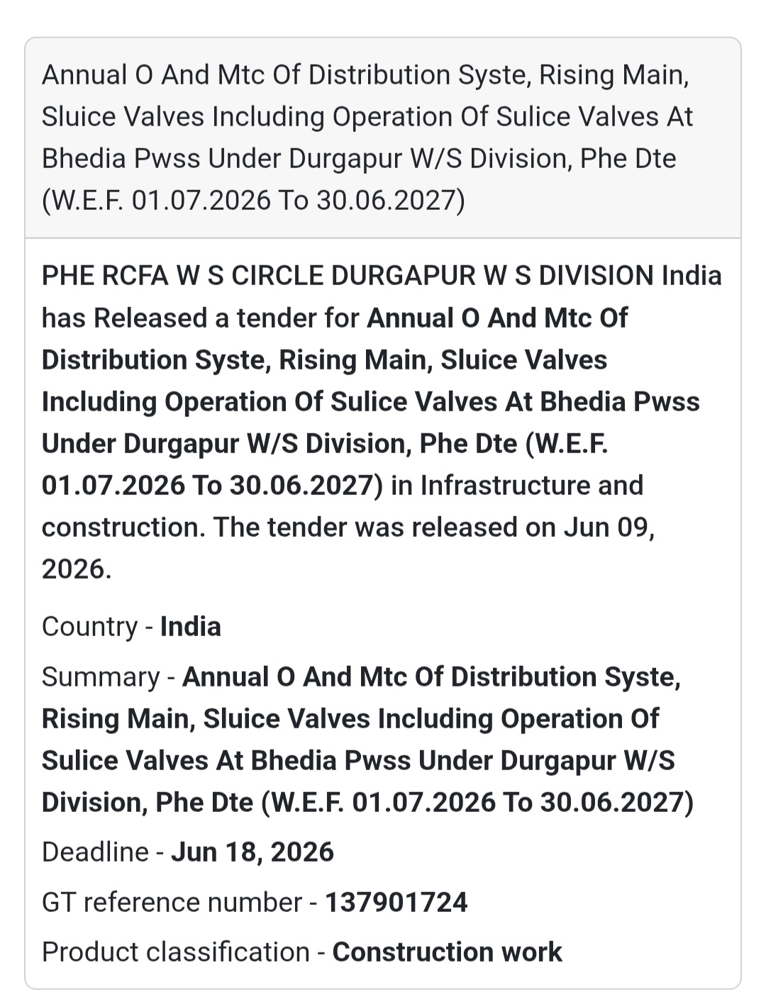 💧 Annual O&M of Distribution System, Rising Main & Sluice Valves at Bhedia PWSS | 📍 Durgapur, West Bengal