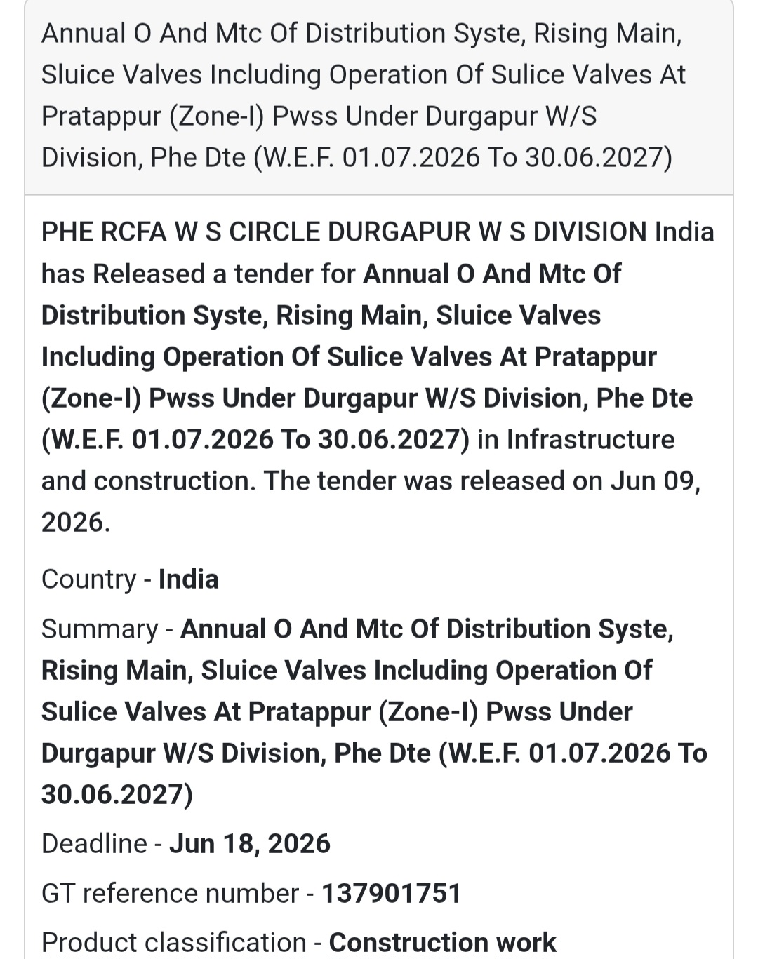 💧 Annual O&M of Distribution System, Rising Main & Sluice Valves at Pratappur (Zone-I) PWSS | 📍 Durgapur, West