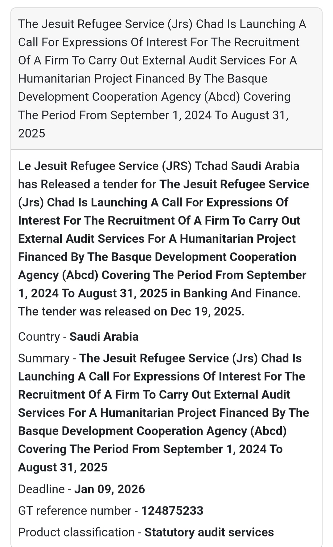 🔔 Audit Services Tender | Humanitarian Project 🌍