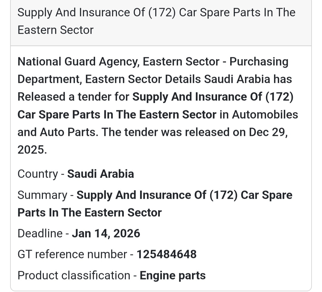 📢 Automotive Spare Parts Tender – Saudi Arabia 🇸🇦