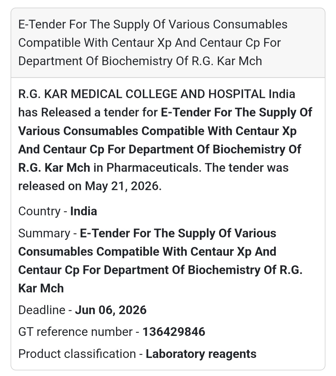 🧪 Biochemistry Laboratory Consumables Tender |