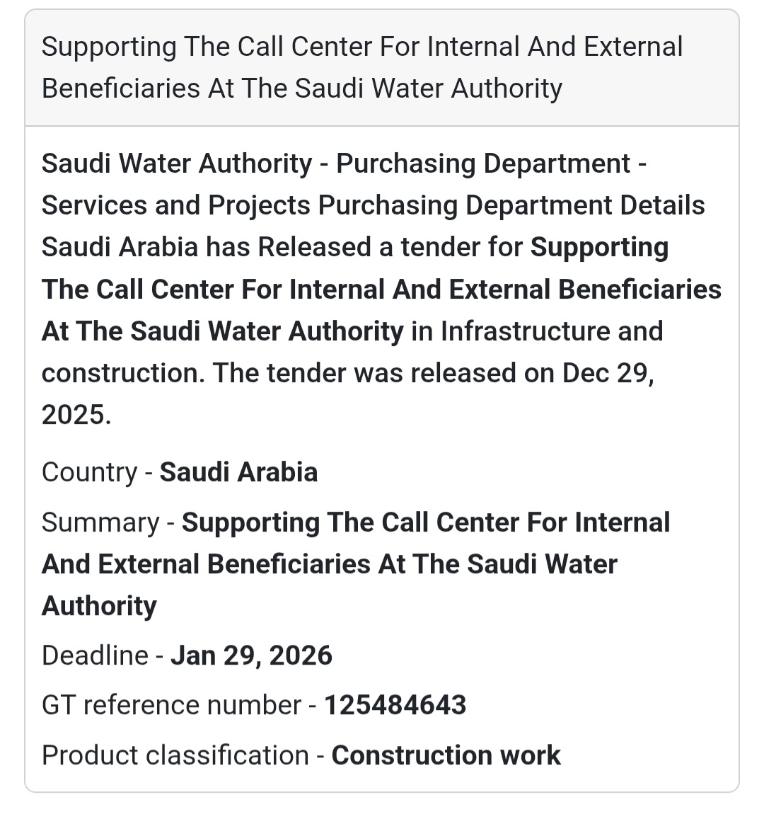 📢 Call Center Support Tender – Saudi Arabia 🇸🇦