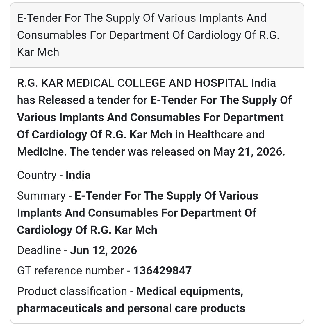 ❤️ Cardiology Implants Supply Tender