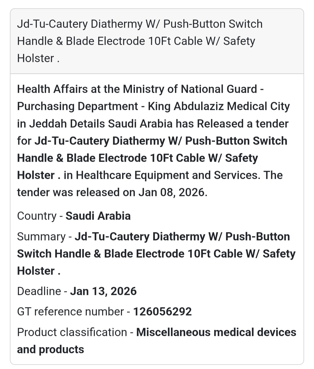 ⚕️ Cautery Diathermy Equipment Tender