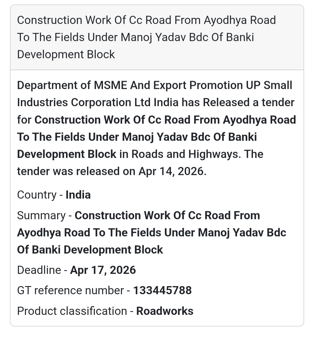 🛣️ CC Road Construction – Barabanki (Banki Block)