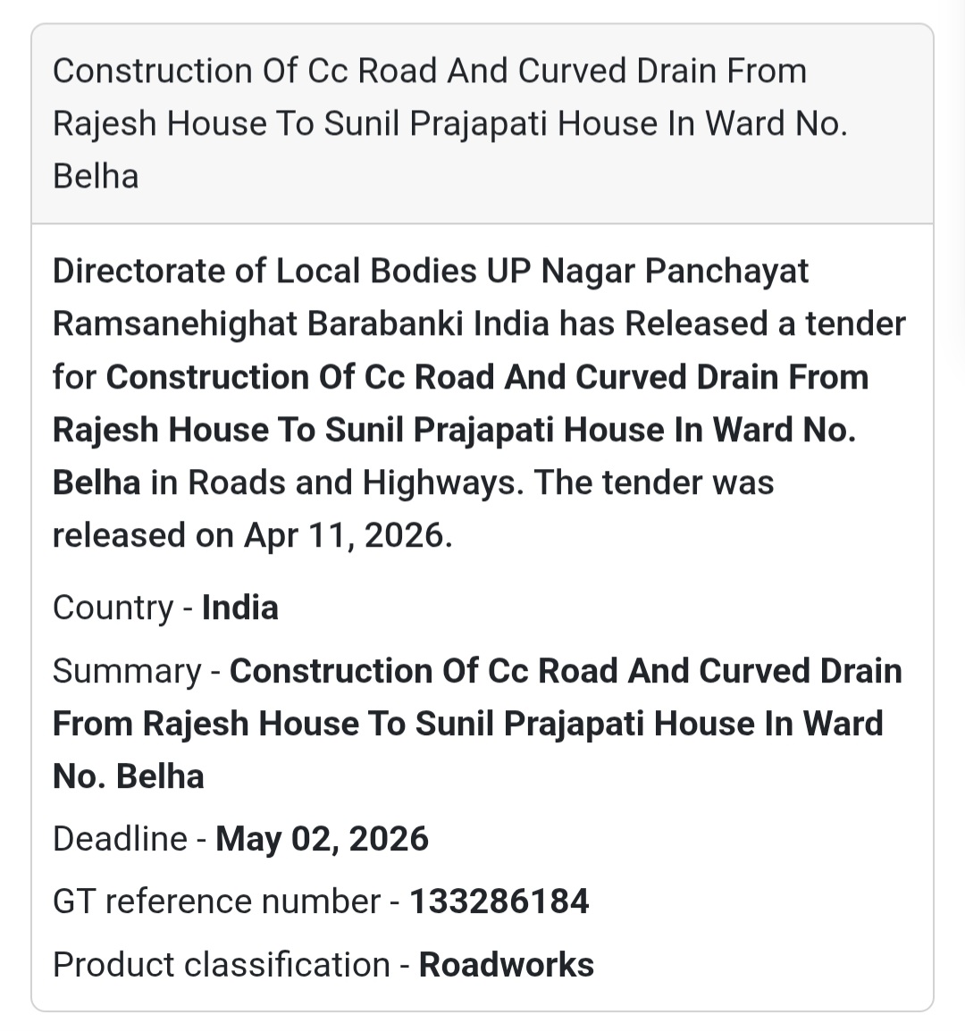 🛣️ CC ROAD & DRAIN WORK – BARABANKI (BELHA)