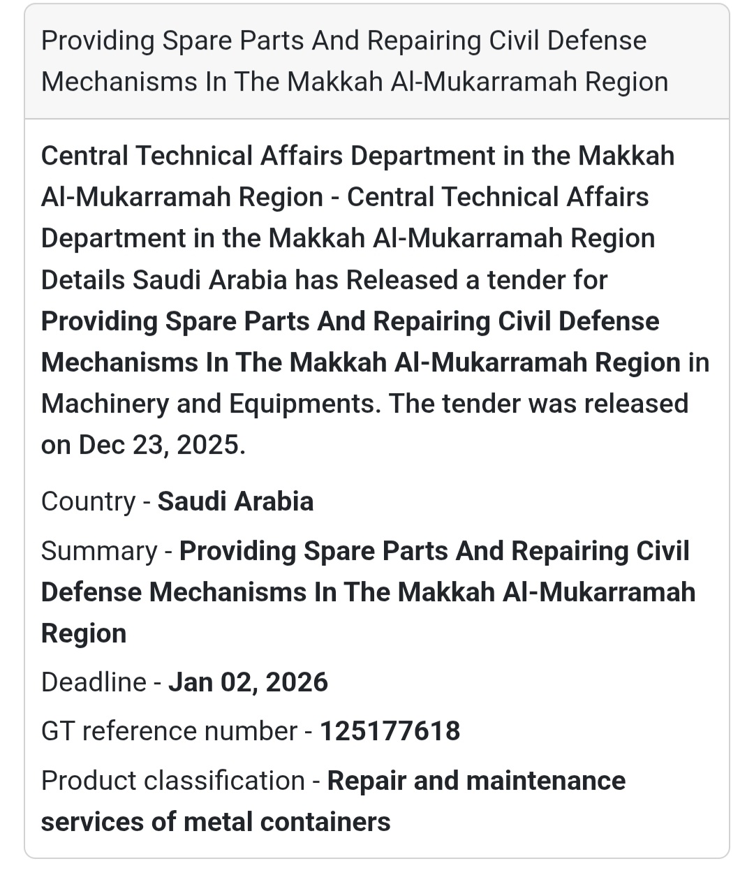 🚒 Civil Defense Equipment Maintenance Tender – Saudi Arabia 🇸🇦