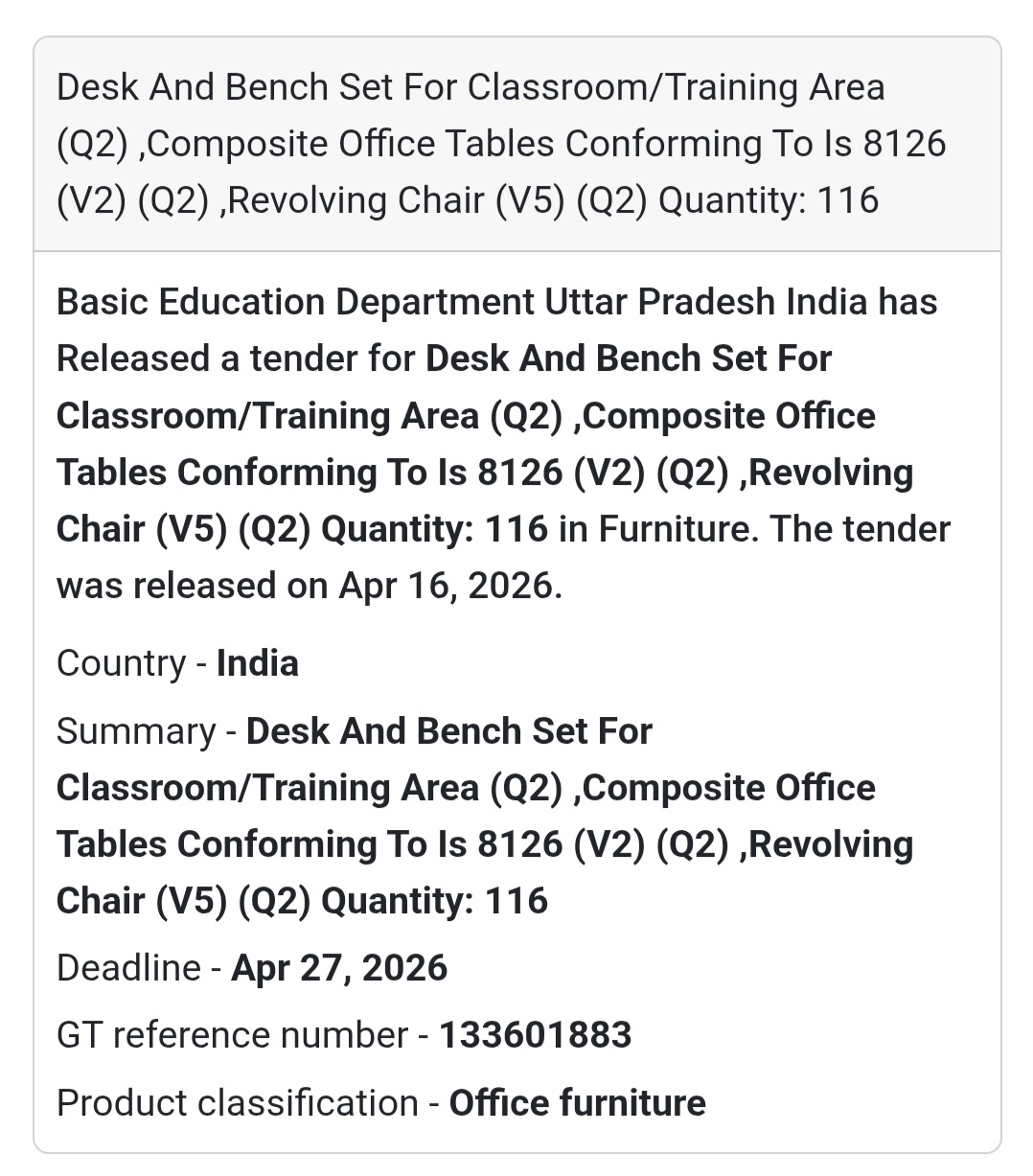 🪑 Classroom Furniture Tender