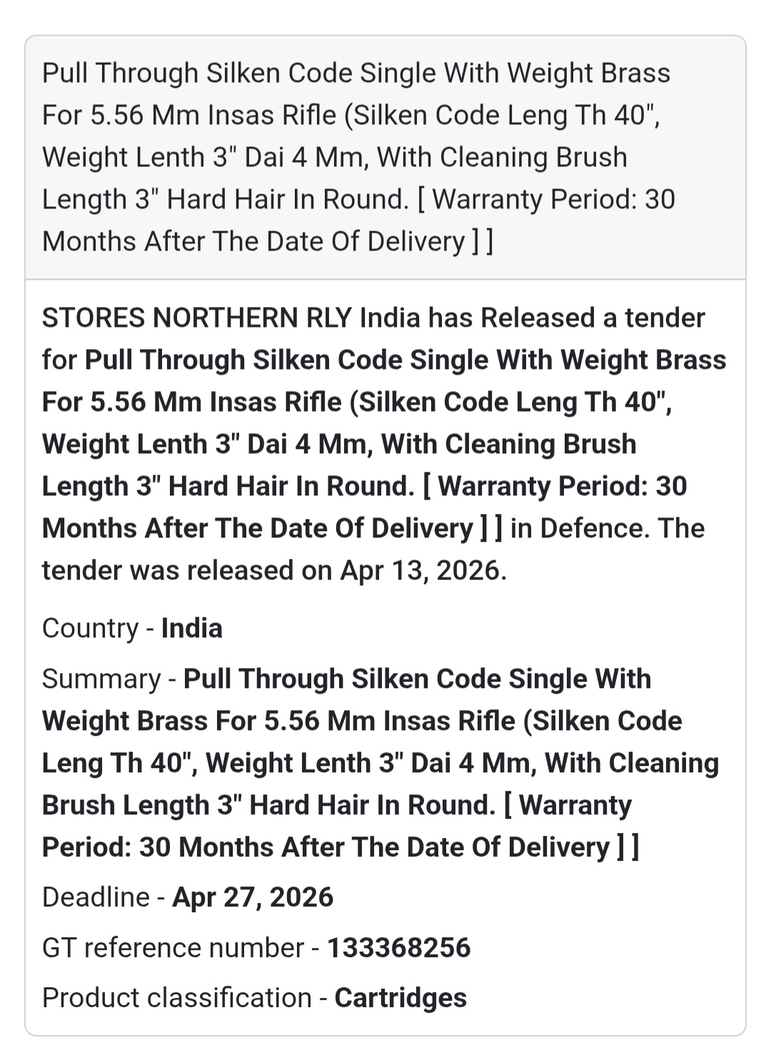🔫 Cleaning Kit for INSAS Rifle (5.56 mm)