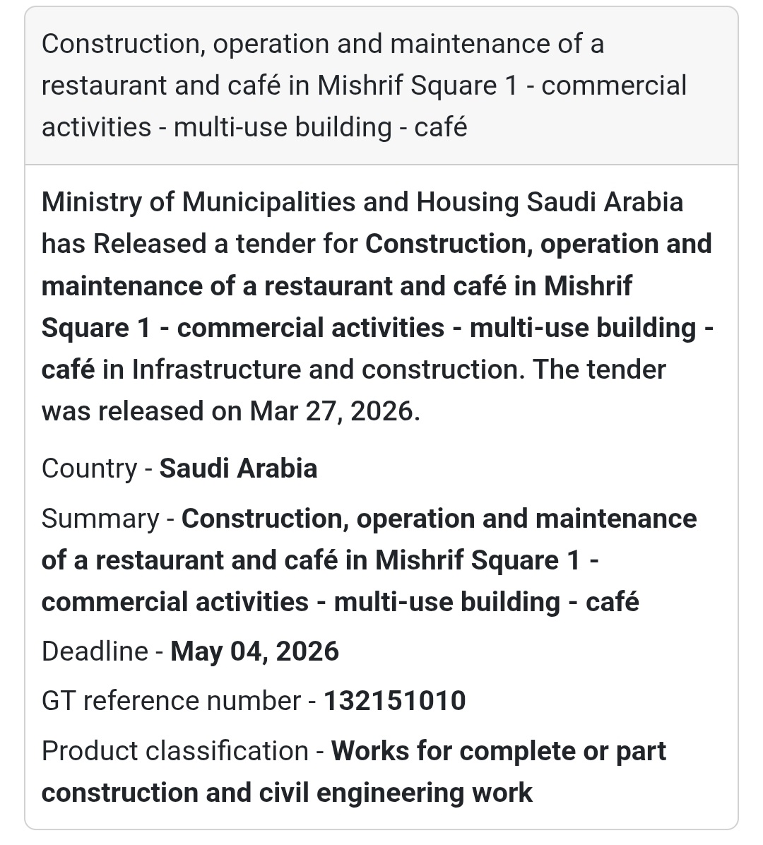 ☕🏢 Commercial Construction Project 🇸🇦 📢 New Tender Alert