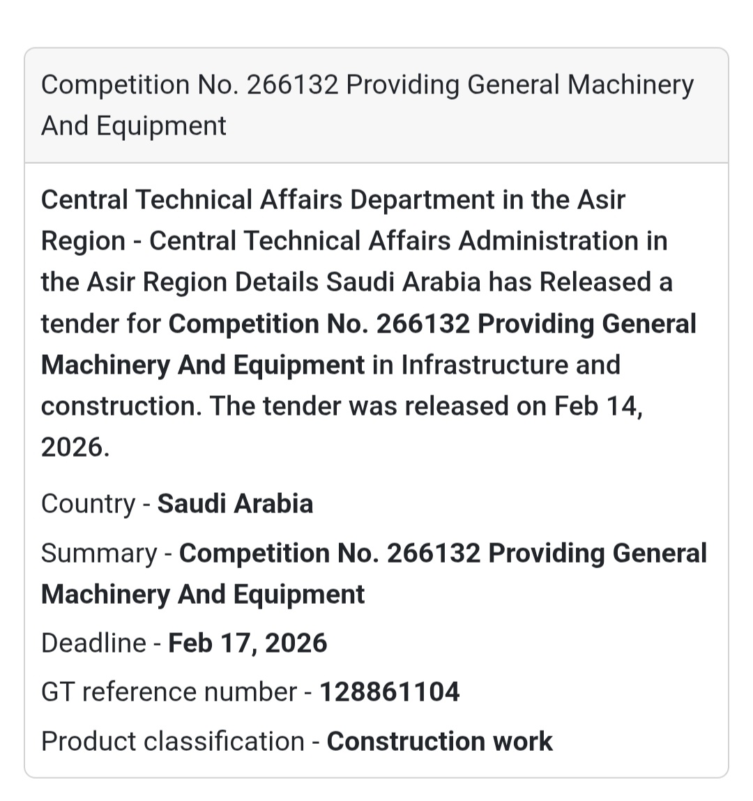 🚜 Competition No. 266132 – General Machinery & Equipment – KSA